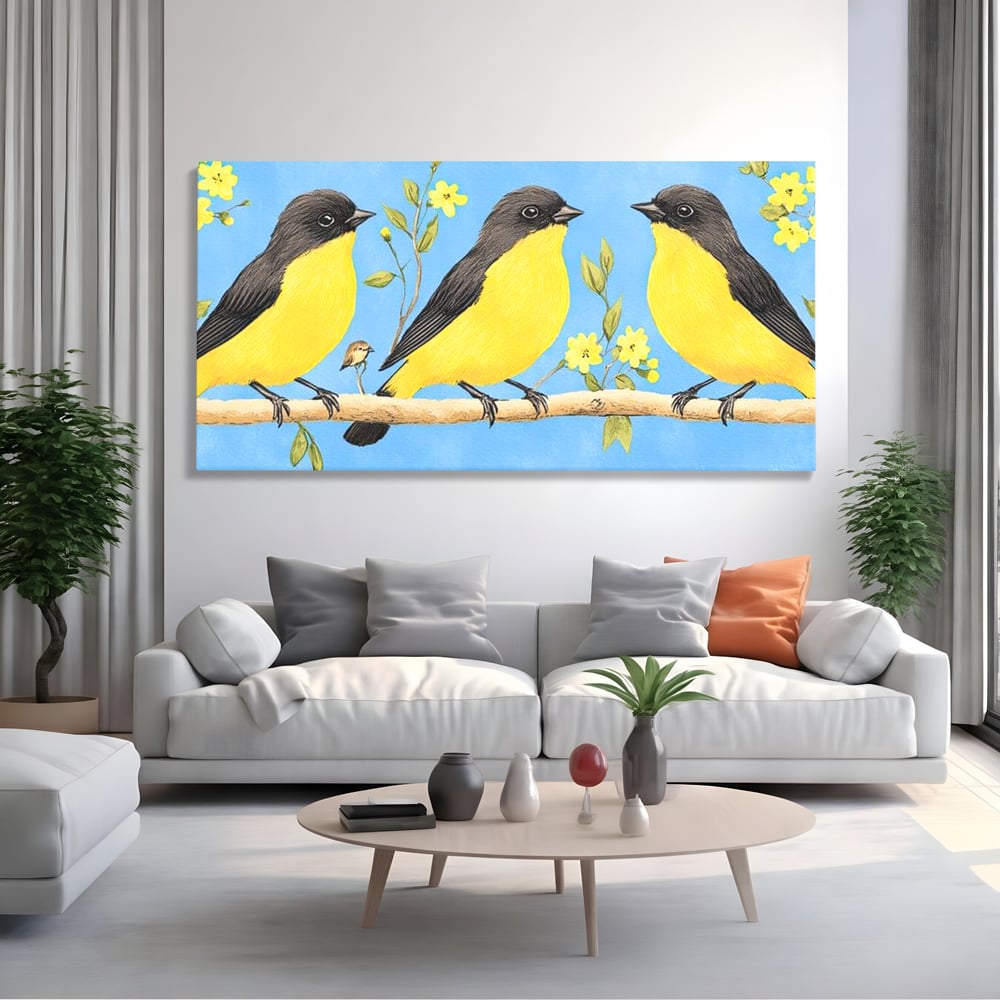 Tablou canvas cu tablou canvas cu trei pasari pe ramura, fara rama, pe sasiu de lemn, pe perete intr-un living